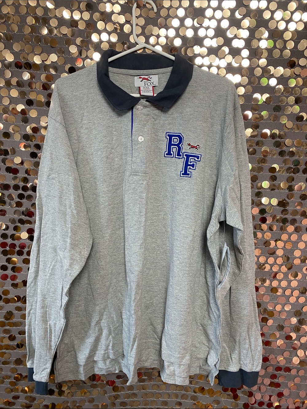 Gray Long-Sleeve Polo with Navy Collar #1627